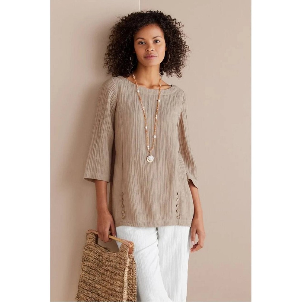 Soft Surroundings Tunic Womens L Taupe Ramie Rayon Crinkle Button Gauzy Coastal